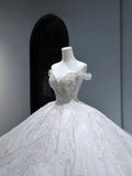 Princess Long Wedding Gowns Ball Gown Off The Shoulder Style for Bride With Pleated Cap Sleeves Train White Bridal Dress HZ0311