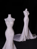 Classic Mermaid Spaghetti Strap Lace Tulle Wedding Gown Style for Bride With Fitted Petite Plus Size Bridal Dress HZ0311
