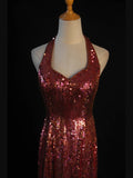Vintage A Line Halter Burgundy Sequins 1950s With Slit Beaded Bodice Long Prom Dresses Inspo Birthday Outfit Formal Dress For Woman HZ0311