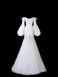 Timeless Women's Mermaid Off The Shoulder Long Sleeves White Satin With Beads Fitted Long Vintage 1920s Wedding Dresses HZ0311