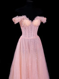 Elegant A line Off The Shoulder Pink Tulle Long Formal Fancy Evening Dresses Dinner Outfits Classy Party Gowns HZ0311
