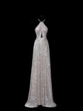 Chic A line Halter Champagne Sequin Long Prom Formal Fancy Evening Dresses Dinner Outfits Classy Party Gowns HZ0311
