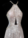 Chic A line Halter Champagne Sequin Long Prom Formal Fancy Evening Dresses Dinner Outfits Classy Party Gowns HZ0311