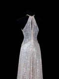 Chic A line Halter Champagne Sequin Long Prom Formal Fancy Evening Dresses Dinner Outfits Classy Party Gowns HZ0311