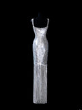 Chic Sheath Square Neck Silver Sequin Long Prom Formal Fancy Evening Dresses Dinner Outfits Classy Party Gowns HZ0311