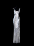 Chic Sheath Square Neck Silver Sequin Long Prom Formal Fancy Evening Dresses Dinner Outfits Classy Party Gowns HZ0311