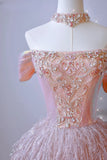 Modest Ball Gown Off The Shoulder Blush Pink Sequin Prom Dresses Long Party Dress 21st Birthday Outfits Graduation Dress HZ0311