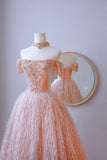 Modest Ball Gown Off The Shoulder Blush Pink Sequin Prom Dresses Long Party Dress 21st Birthday Outfits Graduation Dress HZ0311