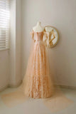 Modest A line Off The Shoulder Champagne Sequin Beaded Prom Dresses Long Party Dress Evening Outfits Graduation Dress HZ0311