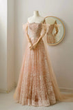 Modest A line Off The Shoulder Champagne Sequin Beaded Prom Dresses Long Party Dress Evening Outfits Graduation Dress HZ0311