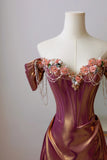 Modest Mermaid Off The Shoulder Satin Flowers Beaded Prom Dresses Long Party Dress Evening Outfits Graduation Dress HZ0311