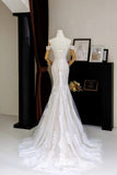 Romantic Women's Mermaid Off The Shoulder With Appliqued Short Sleeves White Lace Tulle Sweep Train Wedding Dresses HZ0311