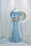 Modest Mermaid Off The Shoulder Blue Sequin Beaded Prom Dresses Long Party Dress Evening Outfits Graduation Dress HZ0311