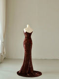 Sparkly Mermaid Sweetheart Burgundy Sequins Sleeveless Prom Dresses Long Prom Gowns HZ0311