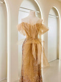 Classy Mermaid Off The Shoulder Gold Sequin Prom Dresses Long Party Dress Evening Outfits Graduation Dress HZ0311