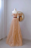 Classy A line Off The Shoulder Gold Sequin Floor Length Prom Dresses Formal Dress Birthday Outfits Prom Gown HZ0311