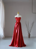 Charming A line Strapless Red Sequins Sleeveless Long Prom Dresses Pleated Prom Gowns HZ0311