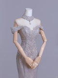 Cute Mermaid Off The Shoulder Silver With Short Sleeves Beads Long Prom Dresses Formal Party Dress Prom Gown HZ0311