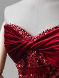 Charming Mermaid Sweetheart Red Velvet Long Prom Dresses Formal Party Dress Prom Gown HZ0311