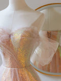 Cute A Line Off The Shoulder Blush Pink Sequin With Short Sleeves Long Prom Dresses Formal Party Dress Prom Gown HZ0311