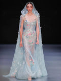 Gorgeous Mermaid Scoop Light Sky Blue Tulle With Lace Floral Beads Prom Dresses Formal Party Teens Evening Gowns HZ0311