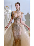 Sexy Mermaid V Neck Champagne Tulle With Beads Gem Long Summer Bride Dress Long Bride Dress Classy Wedding Dresses HZ0311