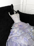 Modest Prom Dresses Ball Gown Strapless With Flowers Tulle Lilac Fashion Long Prom Dresses Party Gowns HZ0311