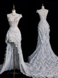 Romantic Long Wedding Dresses White High Low One Shoulder Lace Wedding Dress Style For Brides Fitted Bridal Gowns HZ0311