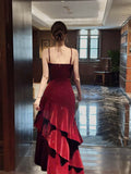 Sexy Mermaid Spaghetti Strap Burgundy Satin Long Prom Dresses Formal Gown Inspo Evening Outfits HZ0311