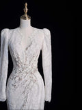 Vintage Mermaid V Neckline Lace Long Sleeeves Wedding Dress Fairytale Autumn Bridal Dresses HZ0311
