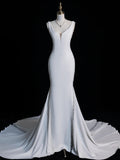 Simple Mermaid V Neckline Satin Sleeveless White Wedding Dress Fairytale Autumn Bridal Dresses HZ0311