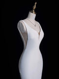 Simple Mermaid V Neckline Satin Sleeveless White Wedding Dress Fairytale Autumn Bridal Dresses HZ0311