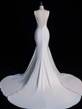 Simple Mermaid V Neckline Satin Sleeveless White Wedding Dress Fairytale Autumn Bridal Dresses HZ0311