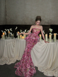 Modest Mermaid Hot Pink Strapless Floral Prom Dress Aesthetic Long Graduation Dance Evening Outfits HZ0311
