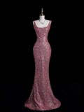 Modest Sheath Strapless Pink Sequins Long Formal Prom Evening Dress Dinner Outfits Party Gowns For Teens Girls HZ0311