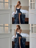 Ethereal Mermaid Spagehtti Strap Long Prom Dress Corset Back With Slit Split Navy Blue Long Ball Gowns Formal 18th Birthday Dresses HZ0311