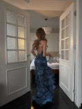 Fairytale Mermaid Spagehtti Strap Long Prom Dress Corset Back Navy Blue Long Ball Gowns Formal Birthday Dresses HZ0311