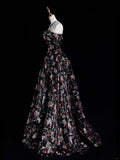 Whimsical Ball Gown Strapless Black Floral Sequin Pleated Bodice Long Prom Dresses Night Formal Dress HZ0311