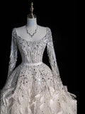 Civil Wedding Dresses Ball Gown Square Neck White Tulle With Long Sleeves Feathers Bodice Brides Dress Fitted Bridal Gowns HZ0311