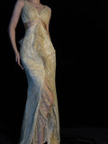 Chic Mermaid V Neck Yellow Lace Long Party Dresses Prom Dresses Impress Wedding Guest Dress HZ0311