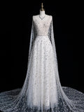 Charming A Line V Neckline With Cape White Tulle Wedding Dress Long Fairytale Autumn Bridal Dresses HZ0311