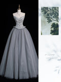 Retro Ball Gown Strapless Grey Tulle 2000s Long Prom Dresses Inspo 19th Birthday Outfits Formal Dress HZ0311