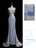 Sparkly Mermaid Square Neck Blue Sequin Long Prom Dresses Inspo 19th Birthday Outfits Formal Dress HZ0311