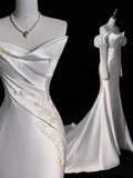 Modest Mermaid Sweetheart White With Long Sleeves Satin Wedding Dress Long Fairytale Autumn Wedding Dresses HZ0311