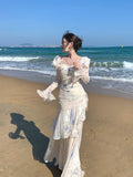 Elegant Mermaid Square Neck Floral Chiffon Blue Long Sleeves Prom Dresses 16th Nigh Party Birthday Outfits HZ0311