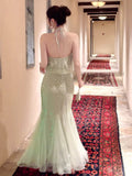 Sexy Mermaid Halter Mint Green Sequins Ankle Length Prom Dresses Wedding Guest Dress 20th Birthday Outfits HZ0311