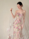Classy Mermaid Strapless Floral Lace Long Formal Prom Dresses Dance Night Outfits Party Gowns HZ0311