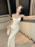 Modest Mermaid Spaghetti Straps Satin Ivory Prom Dresses Wedding Guest Gown 18th Nigh Party Birthday Outfits HZ0311