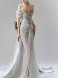 Vintage Silver Gray Mermaid Evening Dress Off The Shoulder Beaded Prom Dress Long Party Dress Birthday Outfits HZ0311