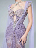 Sparkly Mermaid Evening Dress Halter Lilac Sequins Prom Dress Long Party Dress 21st Birthday Outfits HZ0311